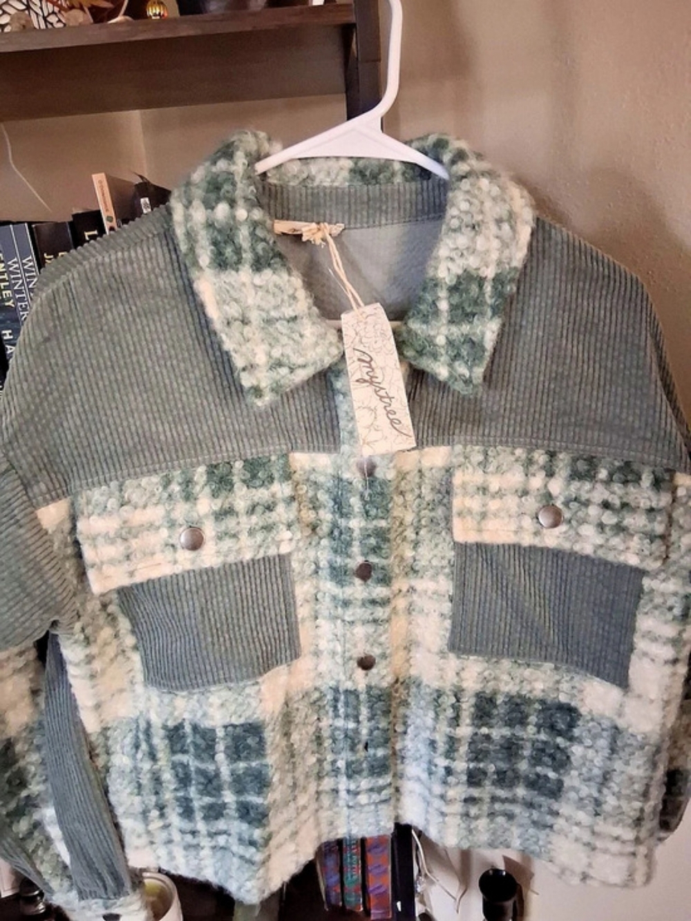 Mystree Plaid Teddy Jacket in Green & Cream